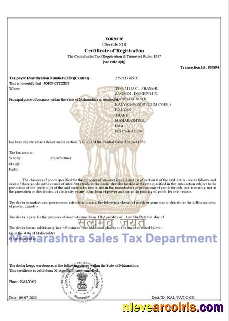 India Maharashtra certificate of taxpayer registration